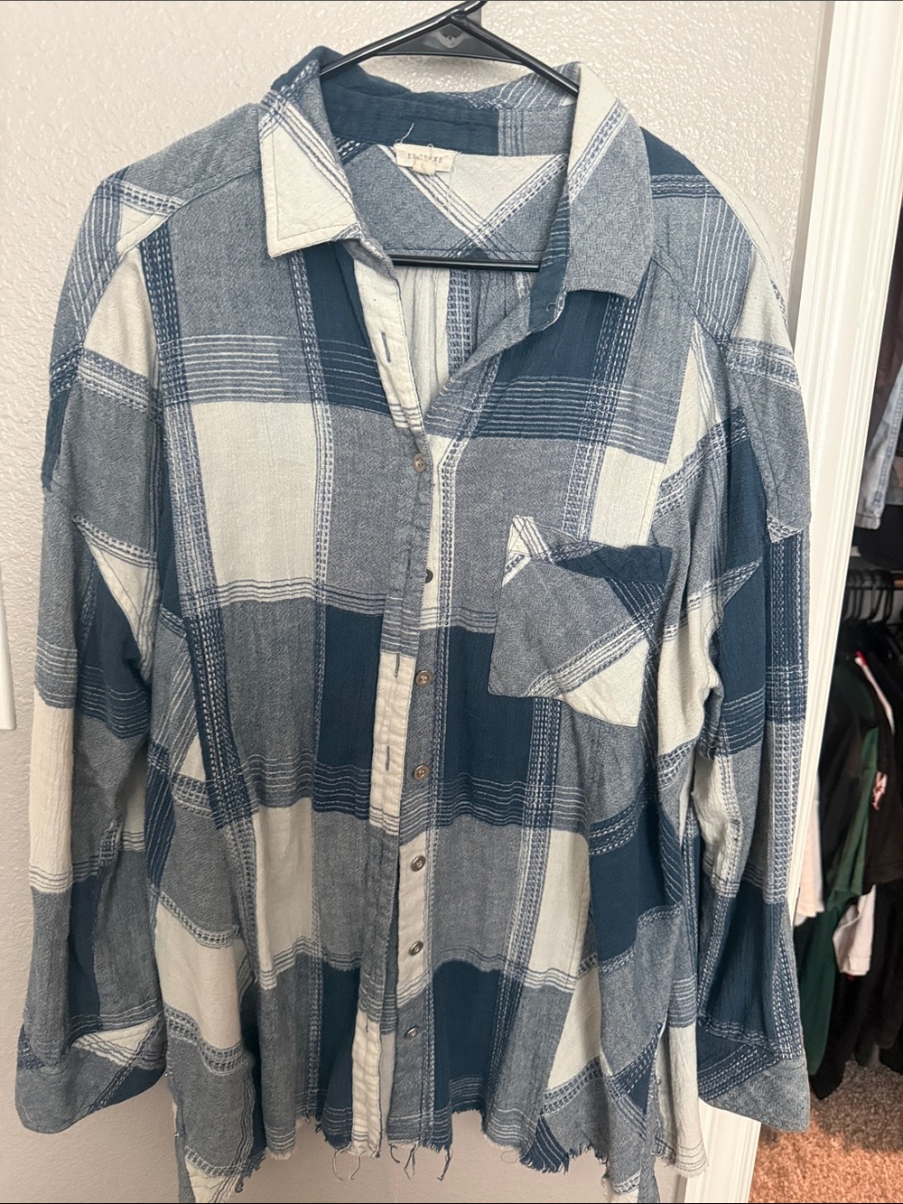 Women's Blue and White Plaid Button-Down Shirt - Casual Collared Top
